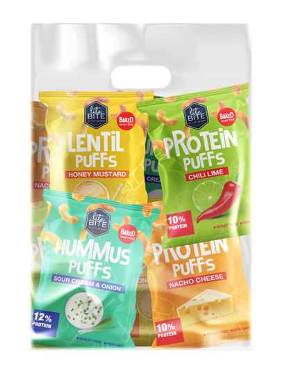 HI PROTEIN PUFFS - VARIETY PACK (ASSORTED FLAVORS)  سناكس غنية بالبروتين - عبوة متنوعة (نكهات مختلفة) x8